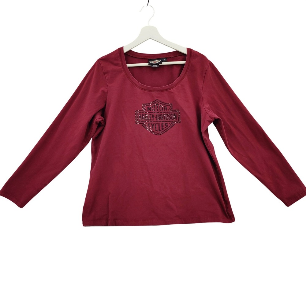 Harley-Davidson Womens Biker Rocker Top 1W Maroon Studded Logo Long Sleeve Tee - Picture 2 of 16